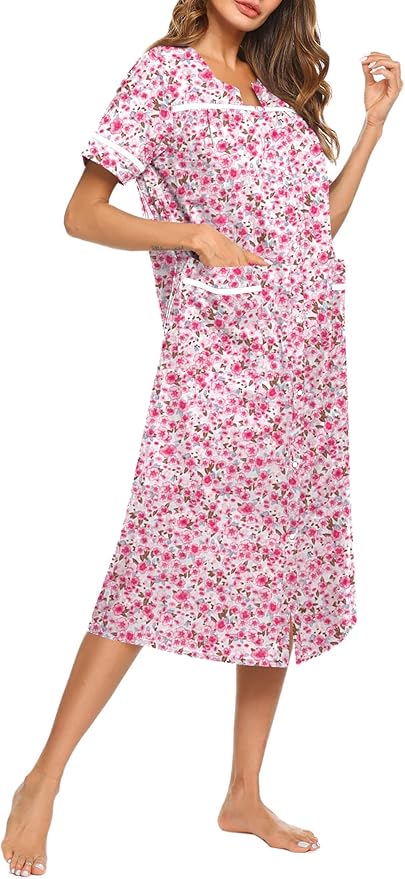 Ekouaer Womens Snap Front Dusters Cotton Housecoat Short Sleeve Nightgown House Dress With Pockets