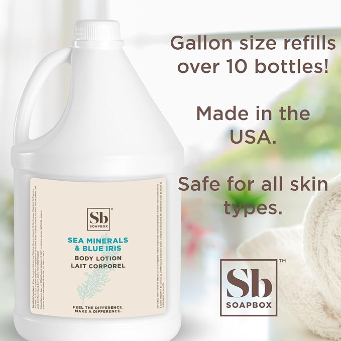 Soapbox Sea Minerals & Blue Iris Body Lotion, Refill Bulk Size For Rentals, Guest Rooms & Hotels - Clean Ingredients Free of Harsh Chemicals, Sulfates, Parabens & Silicones - 1 Gallon Bottle