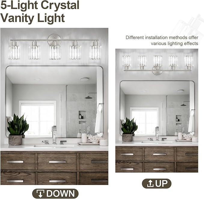 Crystal Bathroom Light Fixtures,Bathroom Lighting Fixtures Over Mirror, Modern 5-Light Brushed Nickel Vanity Lights for Mirror, Restroom,Kitchen(Ceramic E26 Socket,Bulbs Not Include)