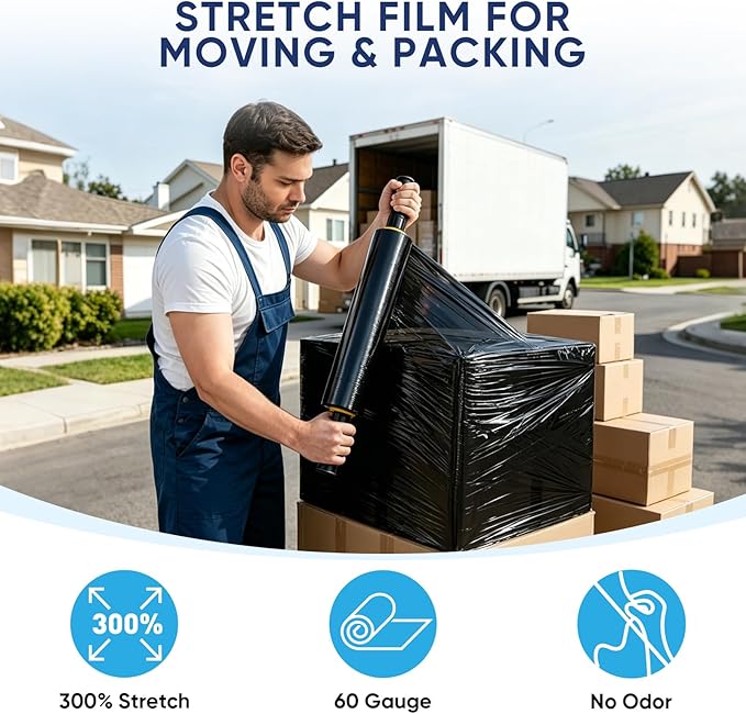 TICONN 4Pk Stretch Wrap Stretch Film Roll, 1000ft Industrial Strength 15 inch Wide Black Plastic Wrap with Handles for Pallet Wrapping Shipping Moving