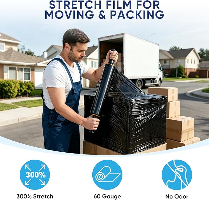 TICONN 1Pk Stretch Wrap Stretch Film Roll, 1000ft Industrial Strength 15 inch Wide Black Plastic Wrap with Handles for Pallet Wrapping Shipping Moving