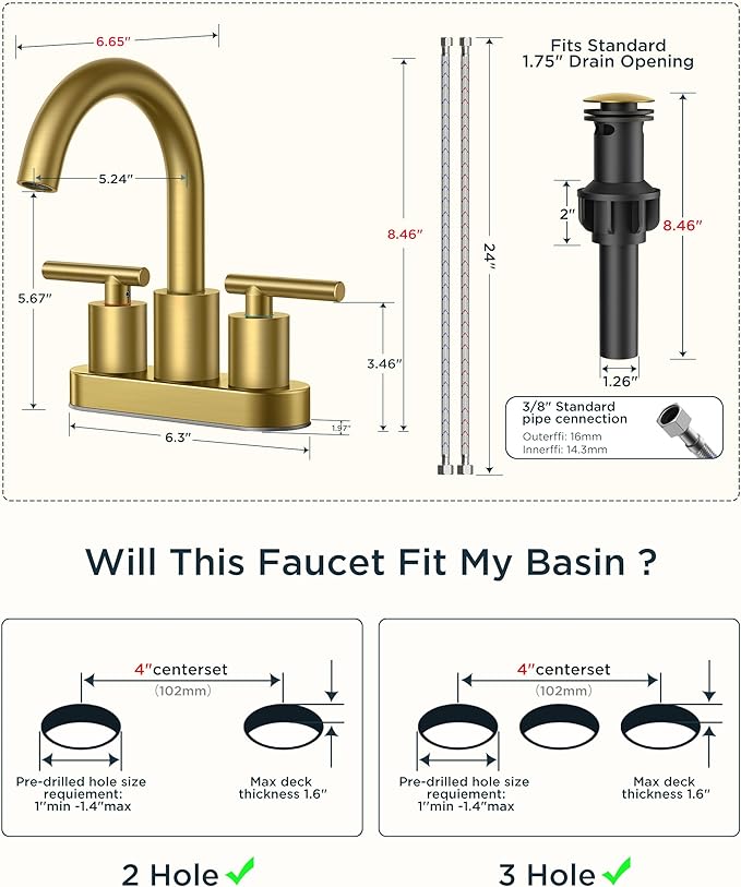 FORIOUS 4" Brushed Gold Bathroom Faucet Centerset 4 Inch, 2 Handle 2 Hole Gold Faucets for Bathroom Vanity wtih Metal Pop Up Dain, CUPC Supply Hose, High Arc Swivel Spout