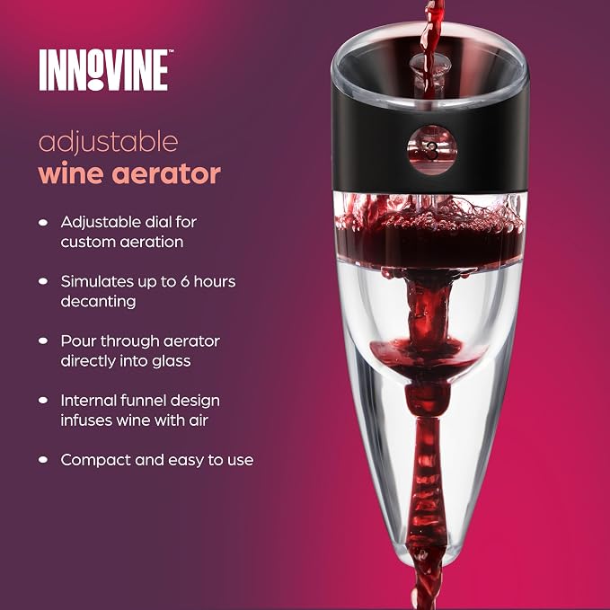 Innovine Red Wine Pro 4-Piece Wine Tool Gift Set – Adjustable Wine Aerator with Stand, Double-Hinged Corkscrew & Vacuum Wine Saver with Stopper – Complete Red Wine Opening, Aeration & Preservation Kit