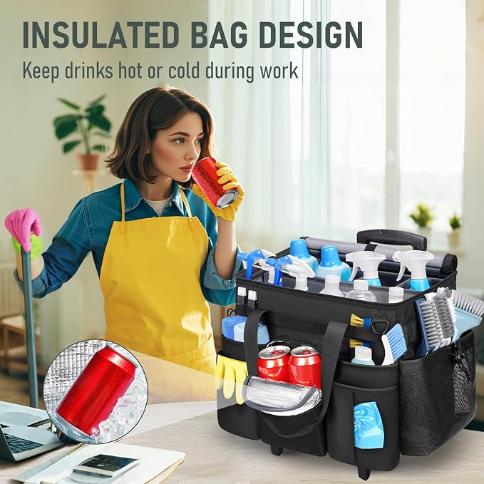 Ytonet Cleaning Caddy with Wheels, Large Rolling Cleaning Caddy Bag with Detachable Trolley for Housekeepers, Water Resistant Cleaner Supplies Organizer with Wheels for Kitchen, Car, Tool Organizer