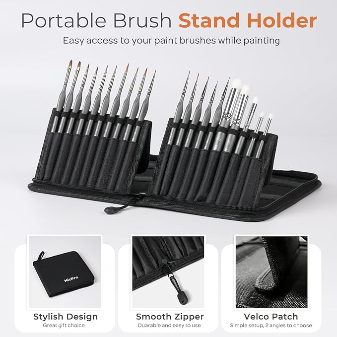 Nicpro Miniature Paint Brushes Dry Brush - 20PCS Model Paint Brush Set with Nylon Case for Acrylic, Oil, Watercolor, Detail Paint Brush Drybrush for Model, Miniature Painting, Paint by Numbers