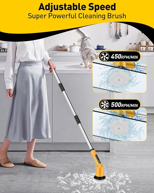 Electric Spin Scrubber for Cleaning Bathroom, Shower Scrubber Cordless Cleaning Brush with IPX7 Waterproof & 2 Speed, 3 Brush Heads, Bathroom Cleaning Supplies for Shower Tub Yellow