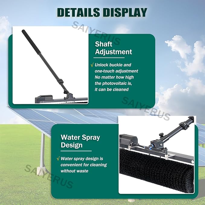 Solar Panel Cleaning Kit, Automatic Rotary Cleaning Brush, Solar Panel / Roof Water Brush, Window Cleaner, Special Roof Water Brush with Adjustable Extension Rod with two Power Converter,7.5M/25Ft