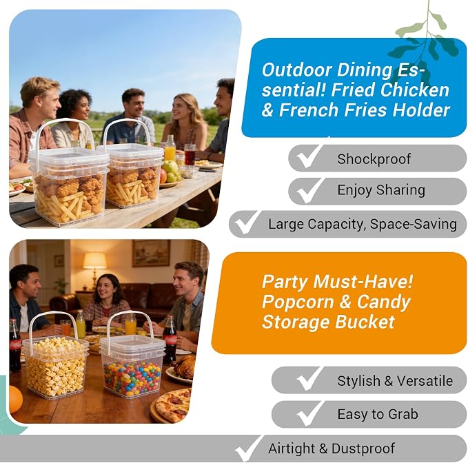 Bucket with Lid - 4 Packs Square Clear Plastic Storage Containers, Food Safe with Handle, Airtight Pressure Lids for Kitchen & Home(Clear, 68 oz)