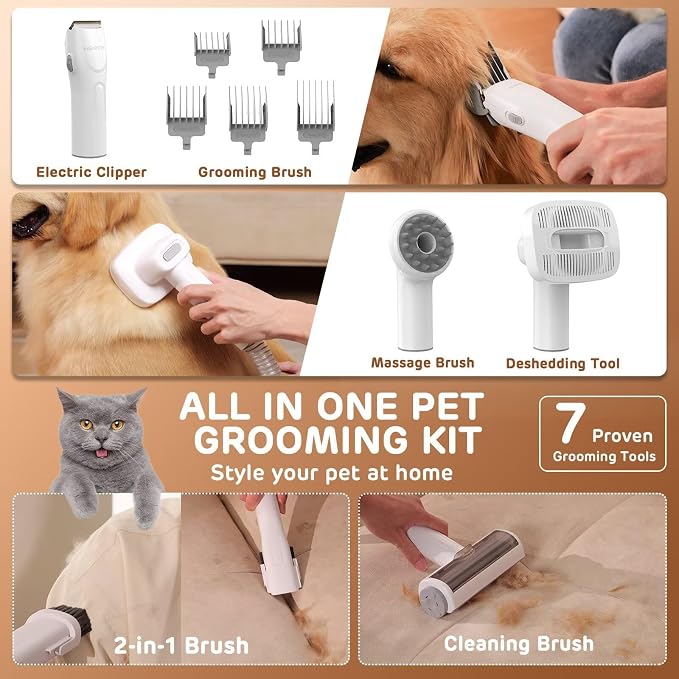 HEAPETS Dog Grooming Vacuum Kit - 3L Vacuum with 7 Tools, Low Noise Electric Clipper and Brush for Pet Shedding at Home, Green
