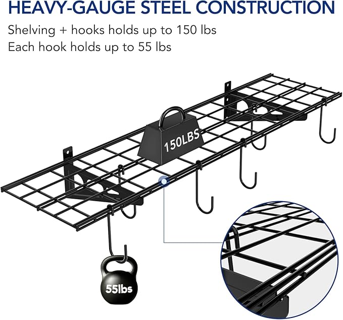 FLEXIMOUNTS Garage Wall Shelving, 1x4 ft, Includes 6 Bike Hooks, Wall Shelf Garage Organization System w/Bike Hangers, Storage Rack, Floating Shelves, 150 lbs Weight Capacity (1 Pack), Classic Series