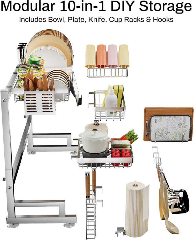 ADBIU Luxurious 304 Stainless Steel Over Sink Dish Drying Rack (Suitable for Sink Length 24.6"- 36.2") Snap-On Design 2 Tier Large Kitchen Dish Rack Stainless Steel Counter Organization and Storage