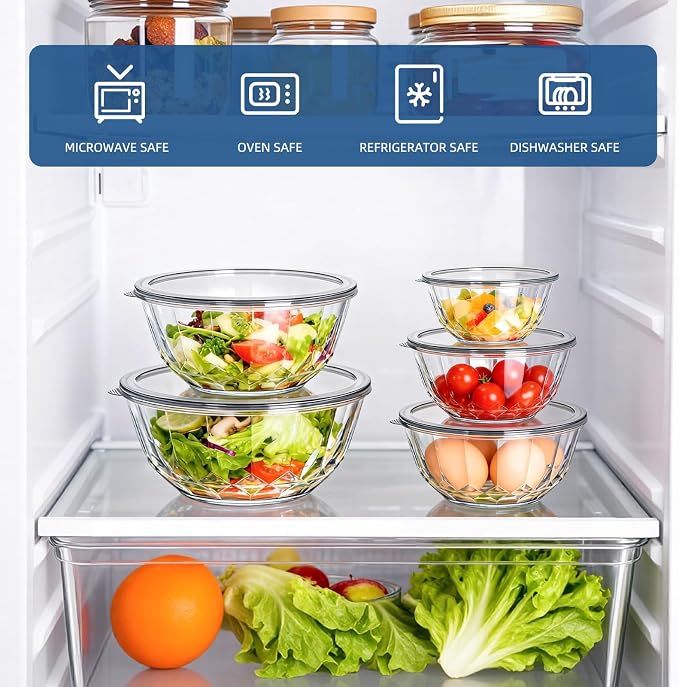 Luvan 5-Piece Glass Mixing Bowls Set with Lids - Clear Salad Bowls with Lids Set, Diamond Pattern Large Glass Mixing Bowl for Baking Prep, Serving & Storage