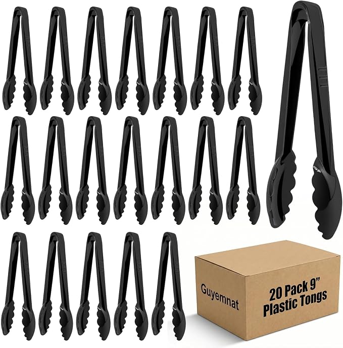 20 PCS Plastic Serving Tongs, Black Disposable Kitchen Salad Tongs | 9 Inch Disposable Serving Utensils Set, Perfect for Kitchen Buffets, BBQ Events Catering