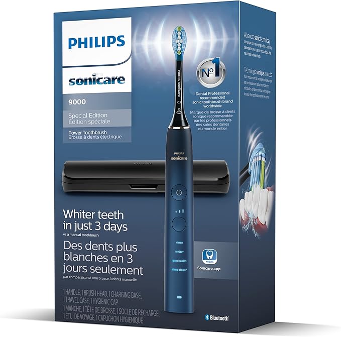 Philips Sonicare DiamondClean 9000 Electric Toothbrush - Sonic Toothbrush with App, Pressure Sensor, 12 Brushing Settings, Replacement Reminder, Charging Stand, Travel Case, Aquamarine, HX9911/92