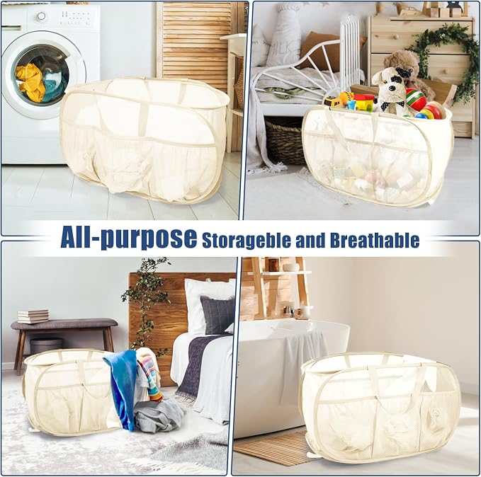 Collapsible Laundry Baskets, Upgrade Pop Up Laundry Hamper with Convenient Bags, Foldable Laundry Basket Mesh Light Weight, Easy to Carry Clothes Hampers for Laundry, Dorm, Toys, Travel Beige