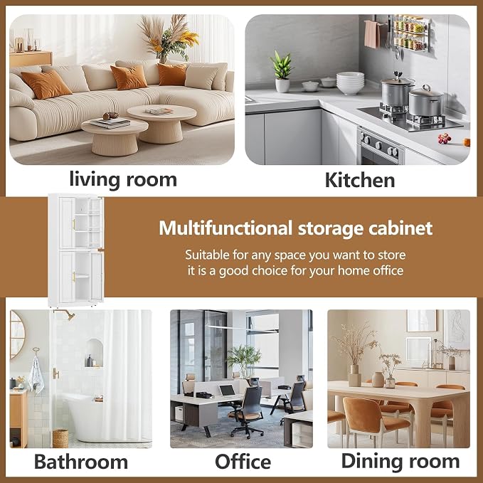 GAIOUS 63" Metal Corner Kitchen Pantry Cabinet, Kitchen Food Cabinets White | Tall Steel Storage Cabinet with 4 Doors and 3 Shelves, Farmhouse Cupboard with 6 Door Panel Shelves, for Dining Hallways