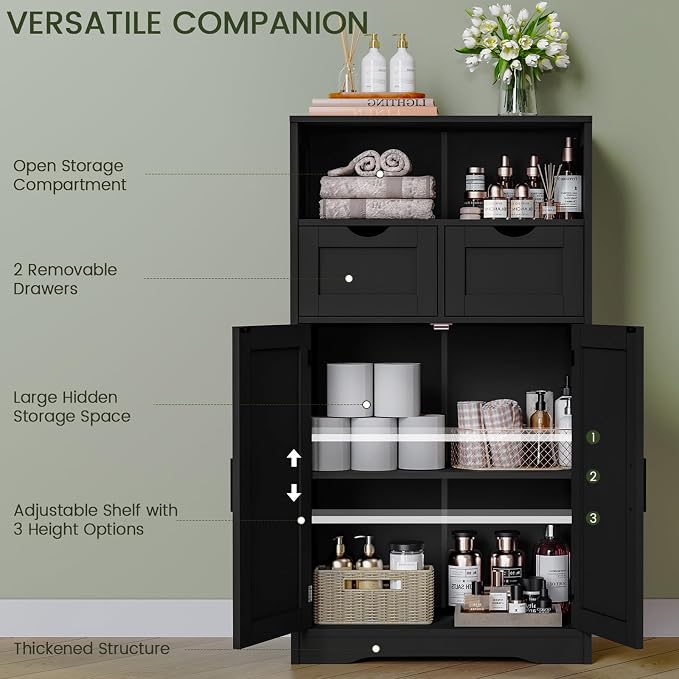 Iwell Storage Cabinet with Doors & Shelves, Kitchen Pantry Cabinet, Bathroom Cabinets for Living Room, Kitchen, Laundry, Black