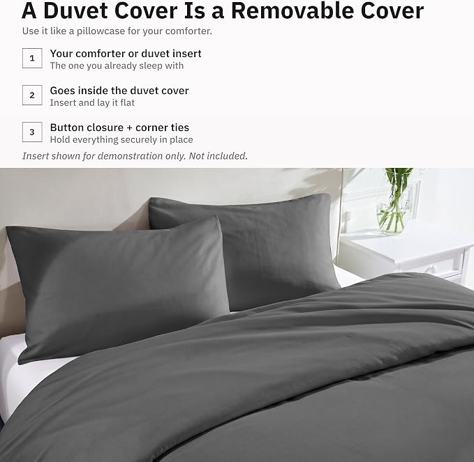 California Design Den 3-Piece Oversized King Duvet Cover Set - 400 Thread Count Sateen, Soft Comforter Cover Set, Button Closures, Corner Ties, Durable Bedding - Grey