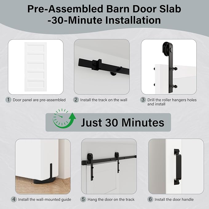 56" x 80" Pre-Assembled Double Barn Doors and 12FT Sliding Door Hardware Kit Included, 5-Lites Frosted Glass Sliding Barn Door for Closet Bathroom Bedroom, Solid & Water-Resistant MDF, Paintable