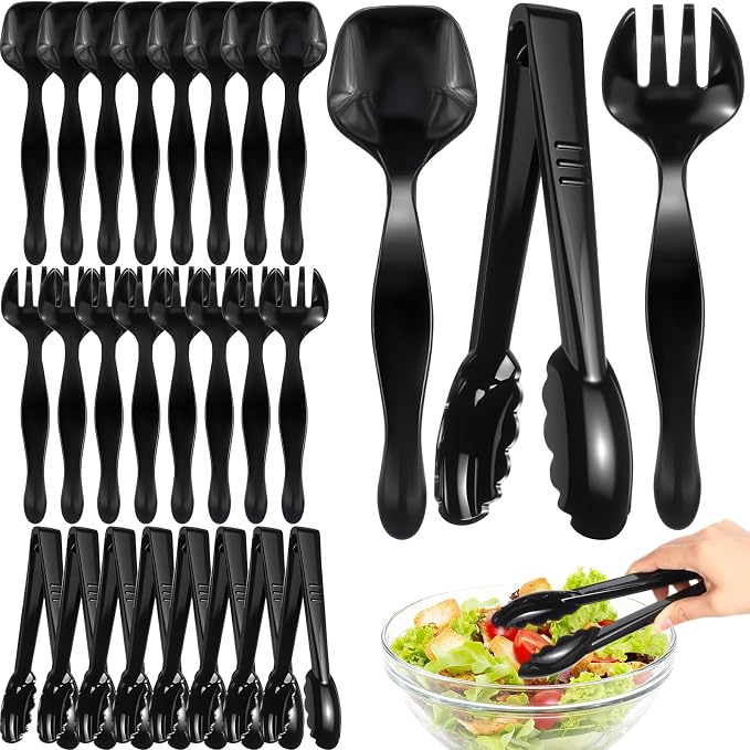 Patelai 24 Pcs Plastic Serving Utensils Disposable Black Serving Spoons Forks Tongs Heavy Duty Party Utensils for Dinner Parties, Buffets, Banquets, Birthday, Weddings and Daily Use