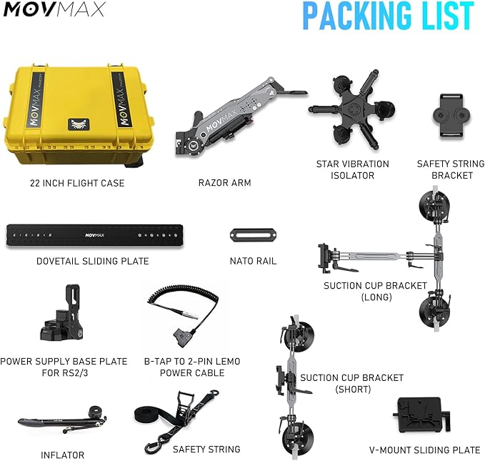 MOVMAX Razor Arm Air Shock Absorption Car Mount Shooting System for DJI Ronin Series(eg:RS4 Pro/RS4/RS3 Pro), Four Suction Cup Car Mount Kit,Gimbal Stabilizer with 22 Inch Storage Case(Yellow)