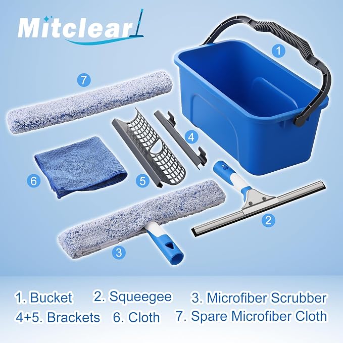 Mitclear Professional Window Cleaning Kit with Bucket 3 Gallon, 14'' Silicone Squeegee, 14'' Microfiber Scrubber, Cloth, Window Washing Equipment Cleaner Tools, Commercial & Home, Car, Outdoor