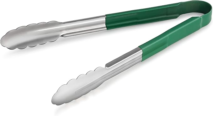 New Star Foodservice 12 Inch Utility Spring Tongs, Set of 12, Commercial Restaurant Grade Stainless Steel Tongs with Green Vinyl Coated Handles