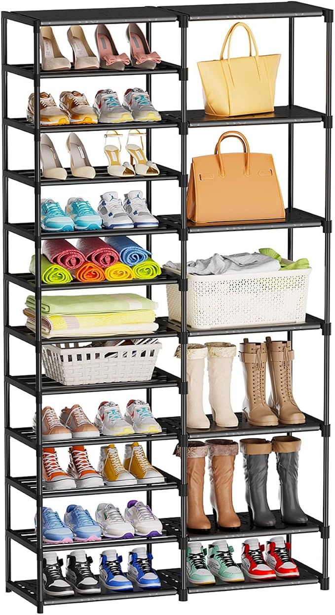 Ekisemio 12 Tier Shoe Rack Tall, Shoe Rack Organizer, Large Capacity Holds 34-50 Pairs, Boot Rack Organizer for Entryway, Closet, Garage, Black