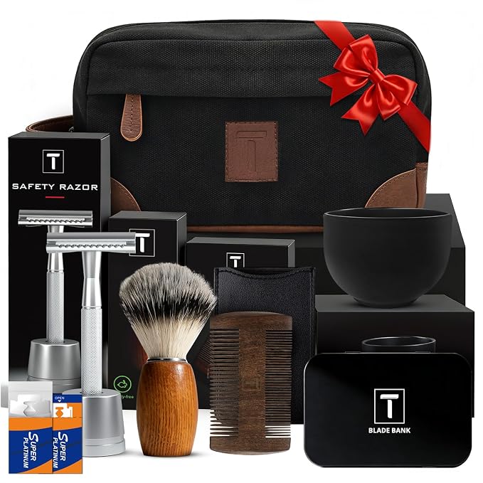 Shaving Kit Gifts for Men, Single Blade Safety Razor Kit | Includes Safety Razor, Double Edge Blades, Blade Container, Razor Stand, Shaving Brush&Bowl, Beard Comb, Travel Toiletry Bag