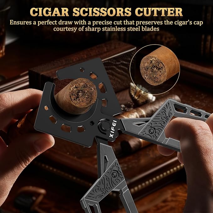 XIFEI Cigar Cutter, Stainless Steel Double Blade Guillotine Straight Cut Scissors, Ergonomic Hand-Held Design for All Cigars, Ideal Gift for Cigar Enthusiasts (Black)