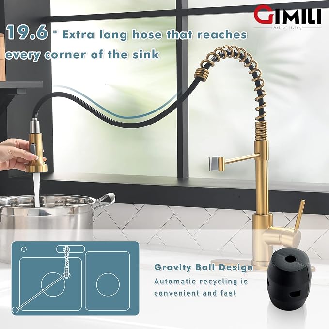 GIMILI Brushed Gold Kitchen Faucet with Soap Dispenser, Single Handle Spring Pull Out Kitchen Sink Faucets with Pull Down Sprayer