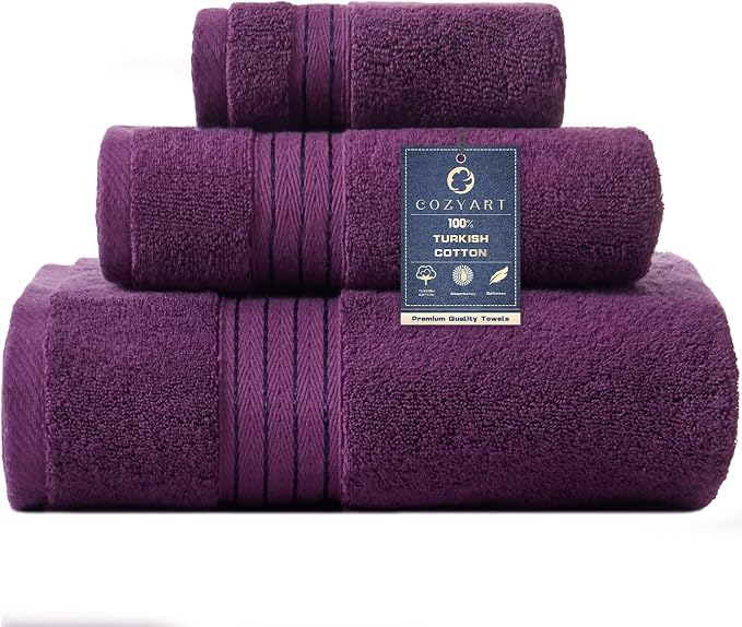 COZYART Luxury Bath Towel Set 3 PCS, Purple 100% Turkish Cotton 650 GSM | OEKO-Tex 100 Certified Zero Twist Ring Spun, Soft Absorbent Quick Dry, Plush Fluffy, Breathable Hotel Quality for Daily Use