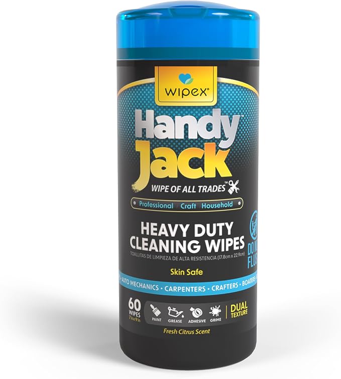 Wipex Handy Jack Heavy Duty Wipes, Dual Texture Cleaning Cloth, Use on Hands, Equipment, Tools, Garden, Automotive, Sneakers, Walls Easily Removes Paint, Adhesives, Oil, Grease, & Dirt, 60ct Canister