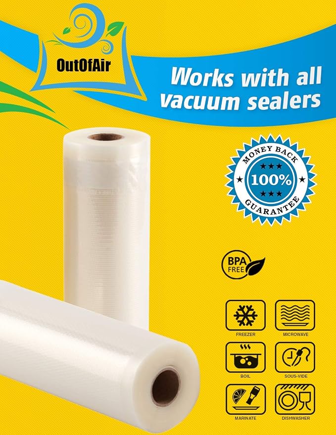 8" x 25' Rolls (Fits Inside Machine) - Pack of 2 (50 feet total) - OutOfAir Vacuum Sealer Rolls. Works with FoodSaver Vacuum Sealers. 33% Thicker, BPA Free, Sous Vide, Commercial Grade