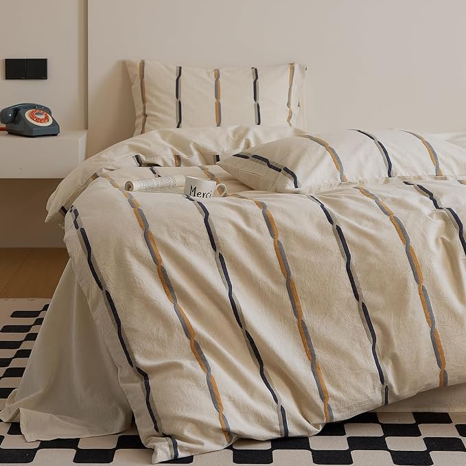 mixinni Cotton Linen Jacquard Duvet Cover Set King, 3-Piece Mid-Century Modern Bedding, Vintage Striped Bohemian Duvet Cover with 2 Pillowcases, All-Season Breathable Comforter Cover-King Size