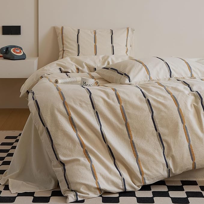 mixinni Cotton Linen Jacquard Duvet Cover Set Queen, 3-Piece Mid-Century Modern Bedding, Vintage Striped Bohemian Duvet Cover with 2 Pillowcases, All-Season Breathable Comforter Cover-Queen Size
