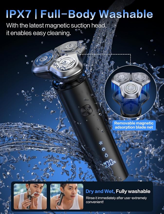 Electric Razor for Men, Men's Electric Shaver, 3-Blade Rotary Shaving System, Touch Switch, Type-C Fast Charging, LED Display, Travel Lock, 90+ Minutes Run Time