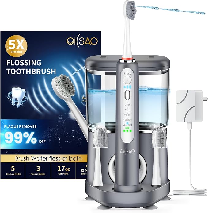 Electric Toothbrush with Water Flosser Combo,Sonic Flossing Toothbrush,Gray | 3-in-1,5 Brush Modes,500ML Tank,Gum Care,Braces Friendly ,Bridge Cleaning Sonic Toothbrush & Water Flosser Combo