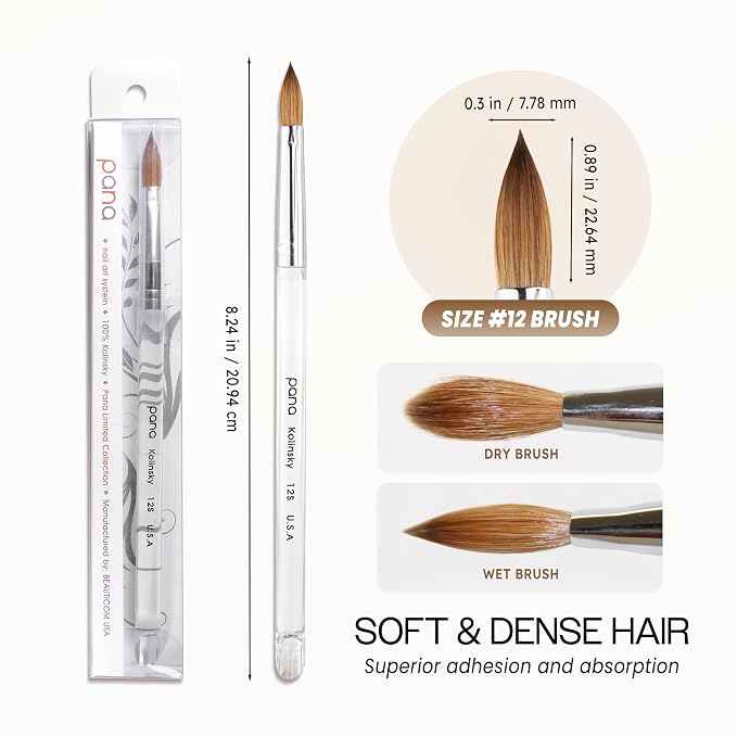 PANA Pure Kolinsky Hair Acrylic Nail Brush - Oval Crimped Shape Silver Ferrule Clear Acrylic Handle (Size 12) - Nail Extension Manicure Pedicure Salon Beginner & Professional