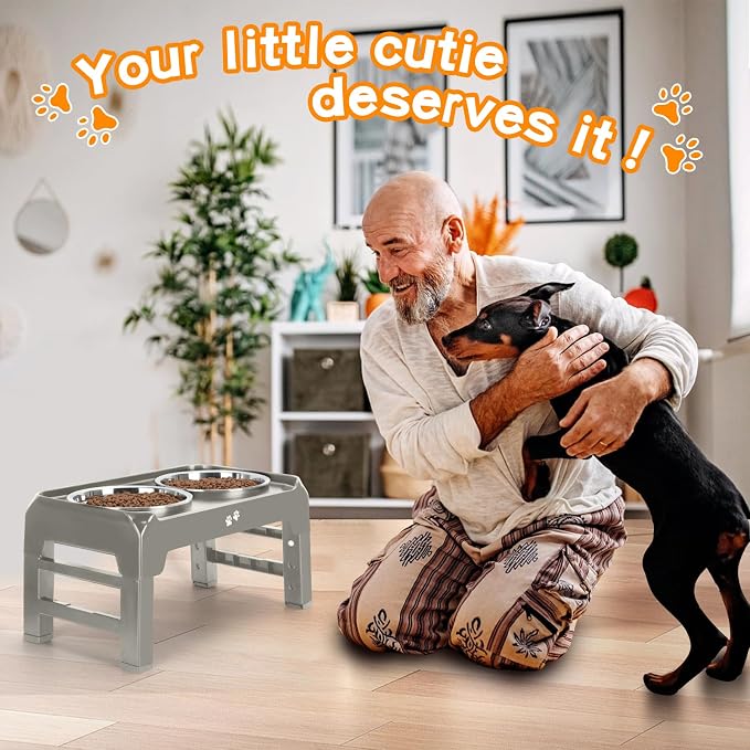 Elevated Bowls, 4 Height Adjustable Raised Stand With 2 Thick 50oz Stainless Steel Food Bowls, Non-Slip Feeder for Dogs, Adjusts to 3.7", 9.2", 10.75", 12.36" Light Brownish Gray