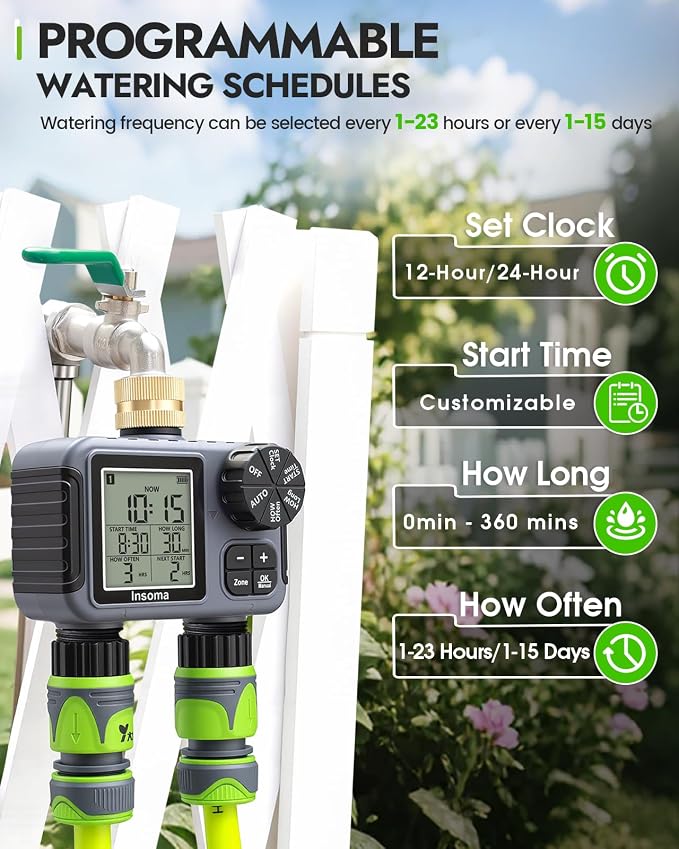 Insoma 2-Zone Sprinkler Timer with Brass Inlet, Water Hose Timer with Auto/Manual Modes + Rain Delay, Big LCD Display, for Garden, Yard Lawn, IPX5 Waterproof & Save Water