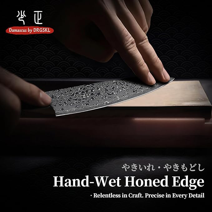 DRGSKL Damascus Kitchen Utility Knife - Japanese VG10 Chef Knife 6 inch | Japanese VG10 Core, Black Anti-corrosion Coating, Damascus Blade, G10 Handle, Gift Box, Wet Edge Grinding Technology