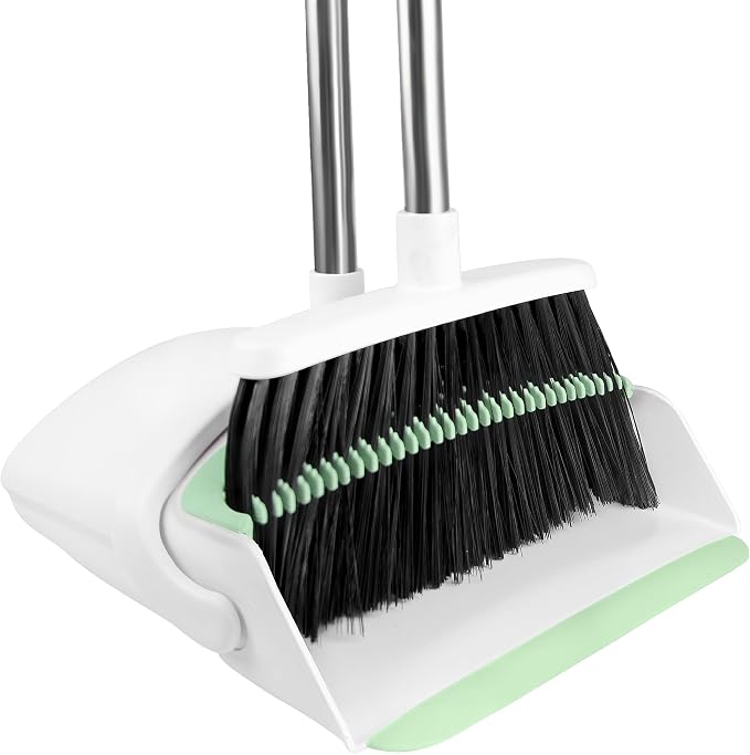 Broom with Dustpan Combo Set for Home, 52-in Long Adjustable Handle Angle Broom and Dustpan Set with Dustpan Comb Teeth for Sweeping Pet Hair Food Dirt Kitchen (White-Green)