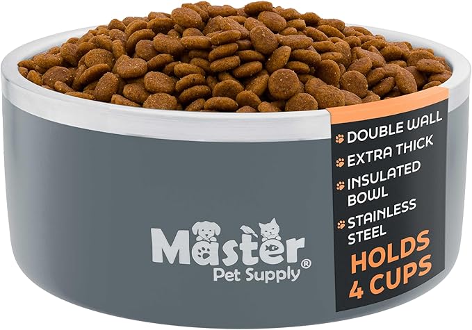Master Pet Supply Stainless Steel Dog Bowls - 32 oz, Heavy Duty - Graphite, Double Wall Extra-Thick Insulated, Non-Slip Pet Water Bowl for Dogs, Cats & Pets, Anti Rust Metal, Dish Washer Safe