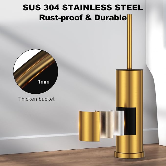 Brushed Gold Toilet Brush and Holder Set，Stainless Steel Heavy Duty Toilet Bowl Brush，Extra Long Handled Modern Toilet Cleaner Brush with Replaceable Head, Removable Inner Bowl, and Splash Protection