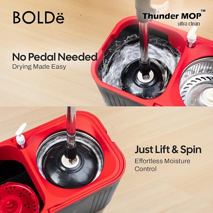 Thunder MOP Spin System - Ultra Clean - Single Bucket Microfiber Head, Stainless Steel Wringer, Antifungal Quick-Dry Cleaning, Soap Dispenser, 3 Free Refills (Navy/Cyan)
