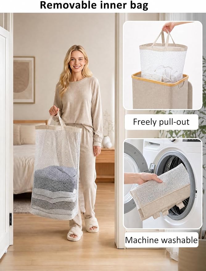 iEGrow Laundry Hamper with Lid, 110L Large Laundry Basket with Handle, Collapsible Clothes Basket Organizer with Removable 2 Inner Bag for Clothes Towels - Oatmeal