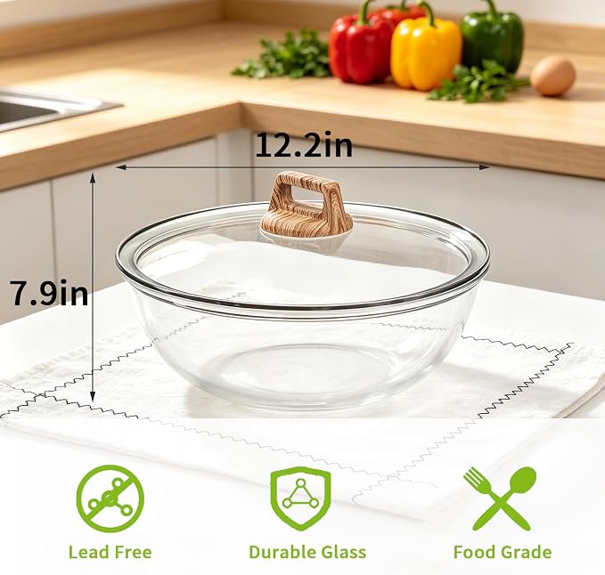 6.5 Qt Large Glass Mixing Bowl with Glass Lid, Clear Glass Bowl for Sourdough Salad Bowls with Lid & Square Handle,Thickened Glass Big Mixing Bowls Cooking Bowl for Food Prep, Kitchen,Dinner