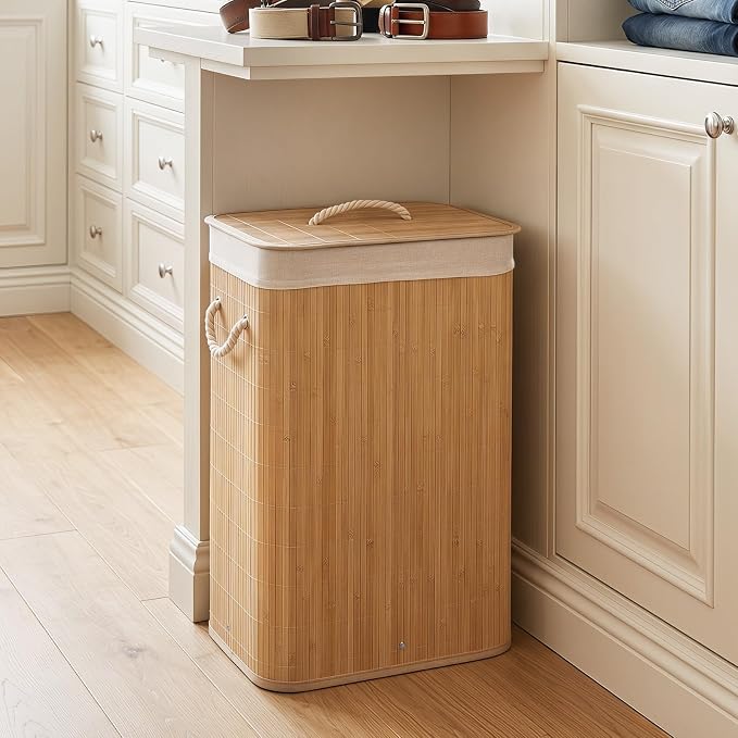 Giantex Bamboo Laundry Hamper with Lid, Removable Liner & Portable Handles | 19 Gal Large Capacity Clothes Hamper, Rectangular Laundry Basket for Bedroom Bathroom Laundry Room