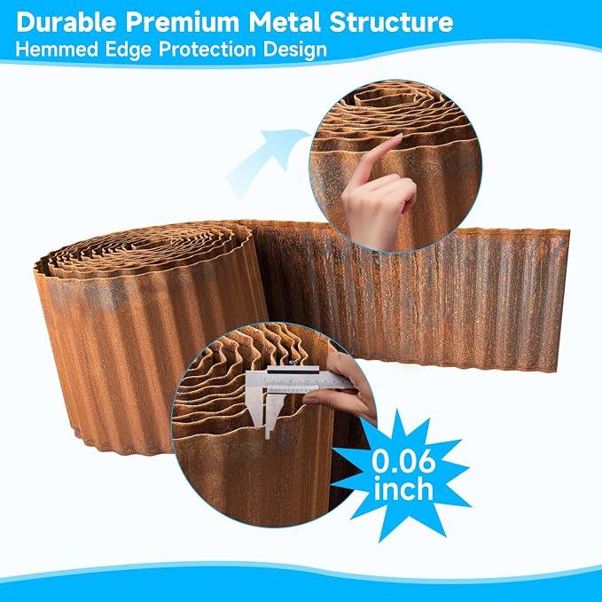 MTART Metal Garden Edging for Landscaping, Sturdy Corrugated Edging Border for DIY Flower Bed, Lawn and Landscape Edging (Rusty, 6"×50Ft)